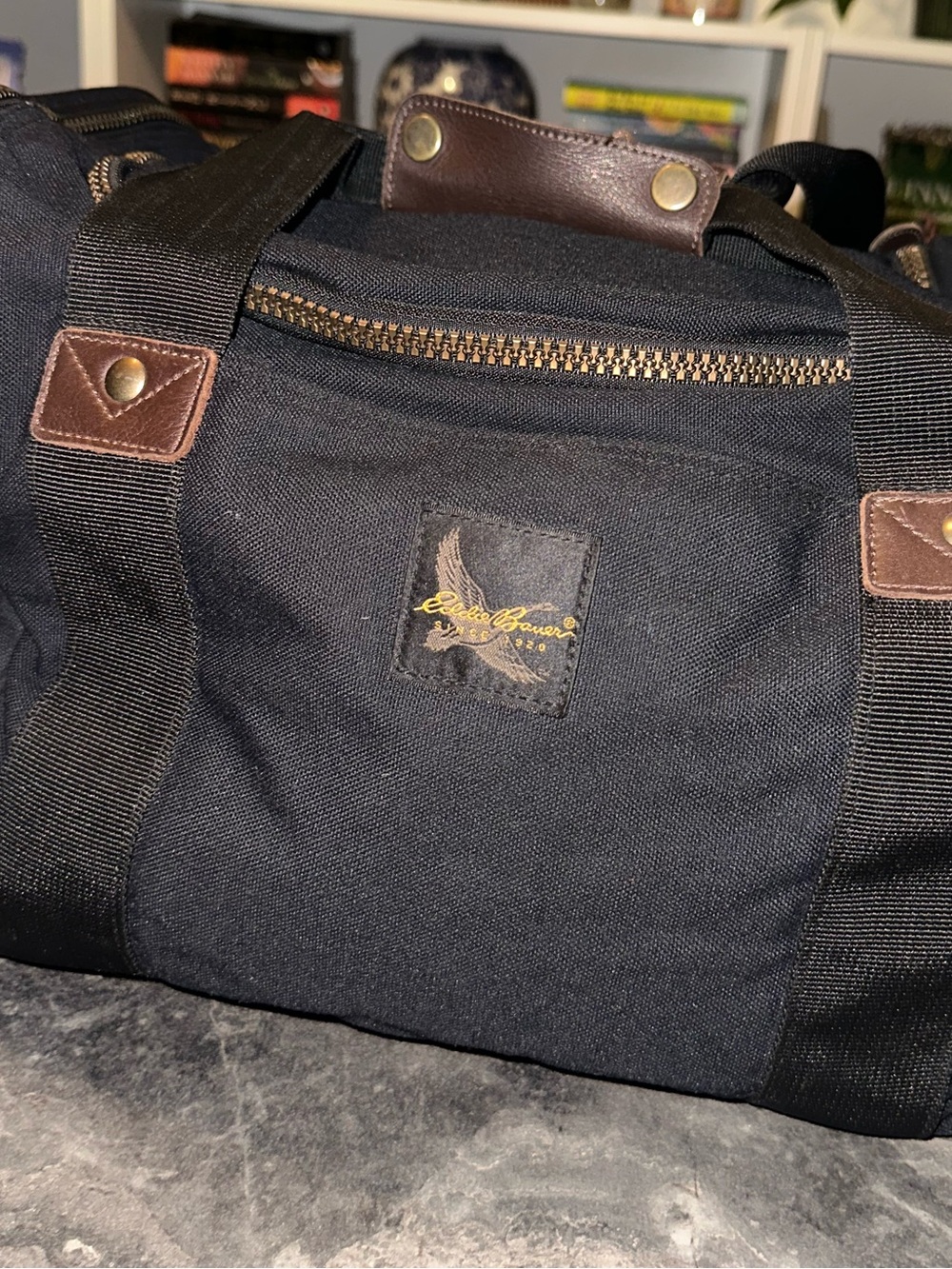 Eddie Bauer Black Canvas Duffel with Brown Leather Trim